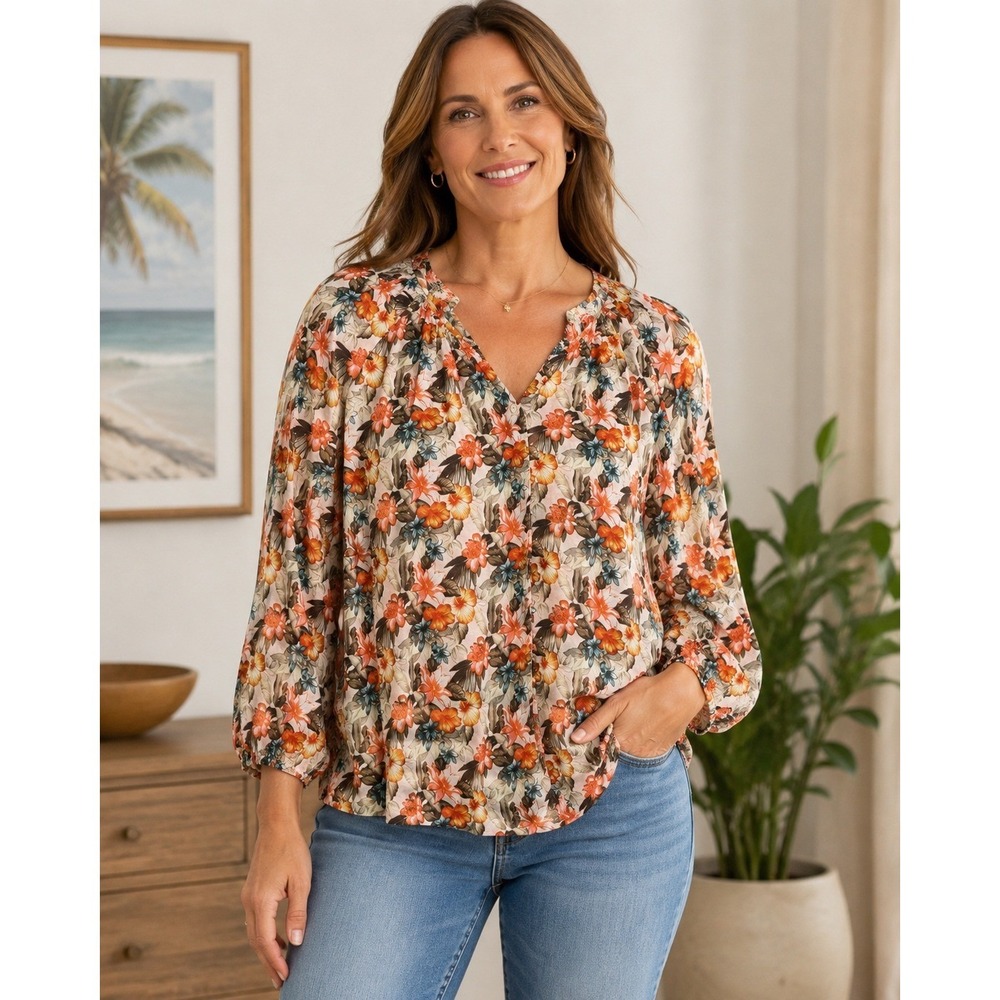 Tommy‎ Bahama Blouse Womens L Multicolor Floral Cotton Silk Button Up Tropical